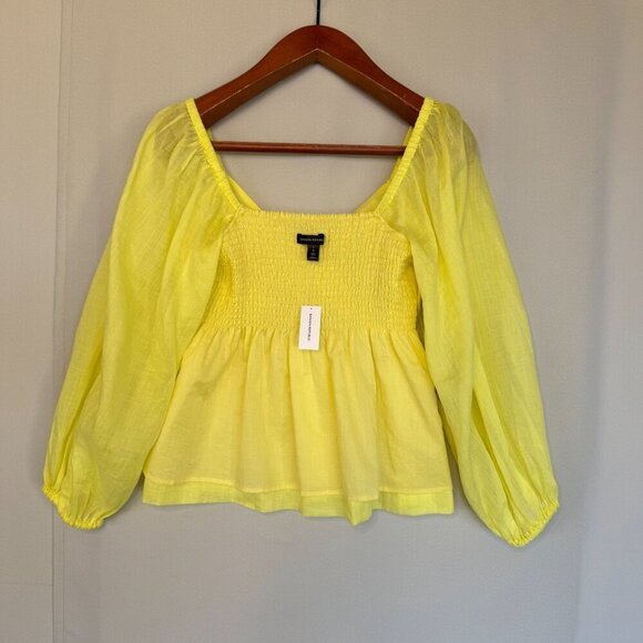Banana Republic Yellow Ramie Gauze Twist Front Long Ballon Sleeve Peplum Blouse - Picture 11 of 17